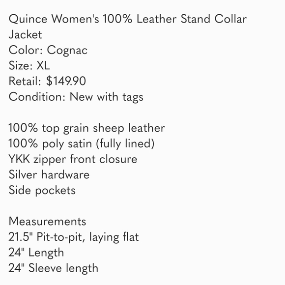 Quince Women's Cognac-Brown Leather Stand-Collar Jacket sz XL Full Zip NWT - Picture 3 of 8